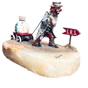 Vintage Ron Lee Rags to Riches Clown IRS Money Bag Wagon Signed Onyx Sculpture